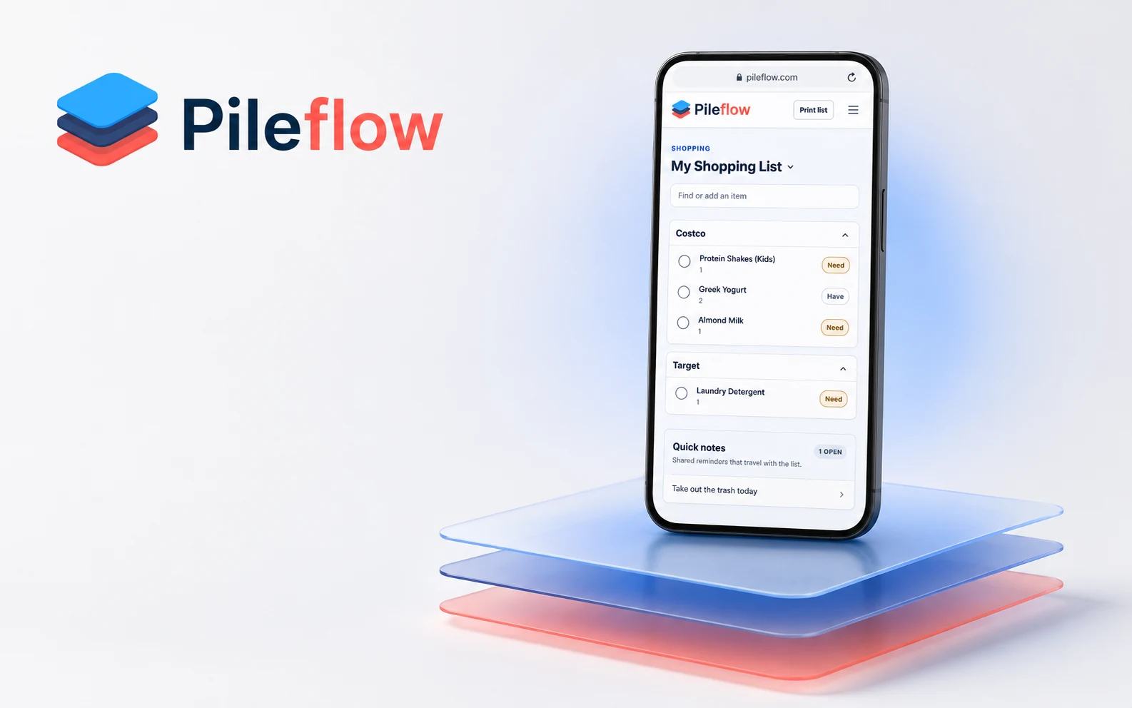 Pileflow mobile application showing shared household organization